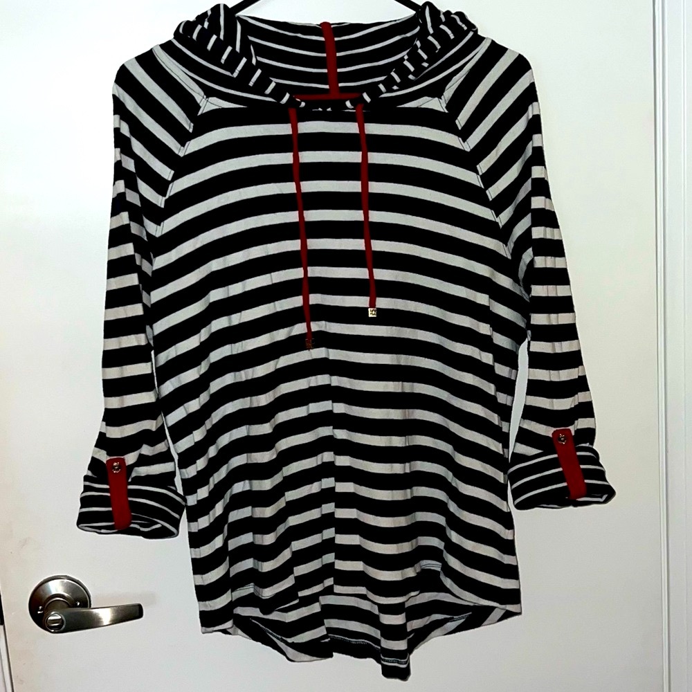 Jones New York Navy and White Striped Hoodie with Red Details